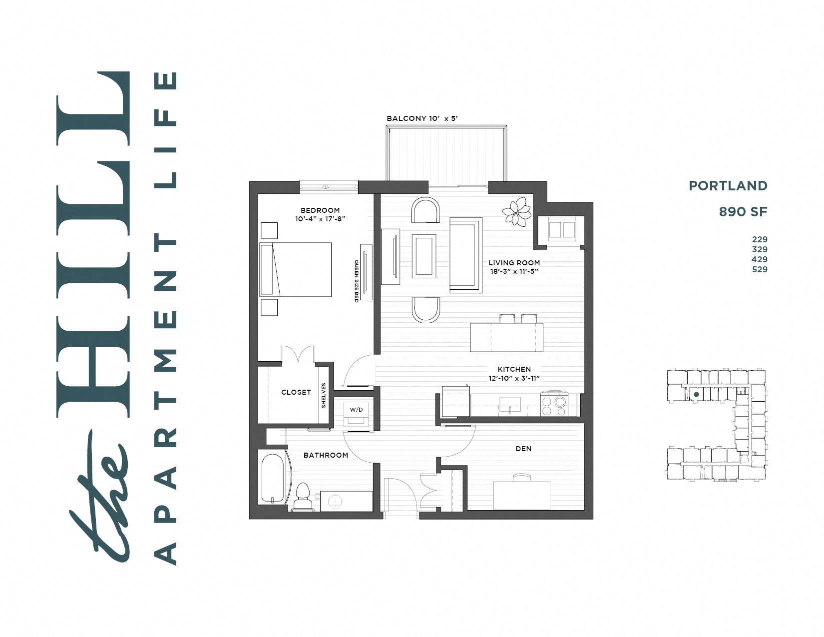 Floor plan for 1 bed, 1 bath, 890 sqft